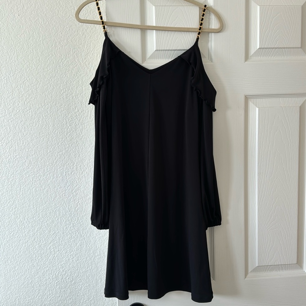 Michael Kors Black & Gold Open Shoulder Long Sleeve Dress Size Small